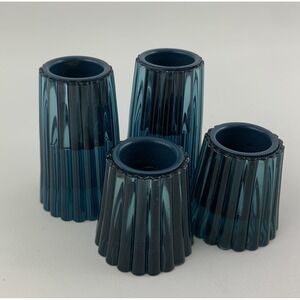 Dark Teal Blue Plastic Ribbed Candlestick Holder Taper Candleholder Set of 4
